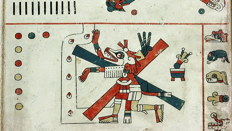 Detail einer Tafel aus dem Codex Fejervary Mayer, Xolotl, der Abendstern, am Scheideweg des Schicksals. Mexiko. Mixtekischer Stil. vor 1521.