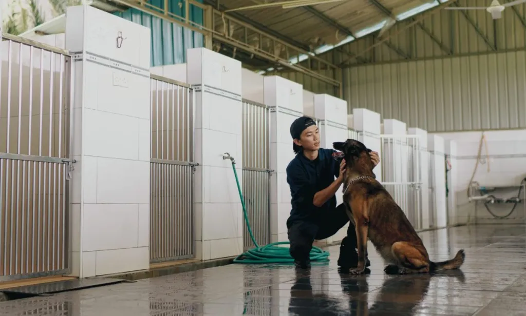 يحتفظ مدرب الكلاب الصينية الذكور الآسيوية بشيك روتيني في مجمع كلبه الصعود
