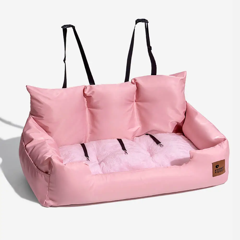 FunnyFuzzy Travel Bolster Safety Medium Large kutya autó hátsó ülés ágya, rózsaszín vízálló anyagból.