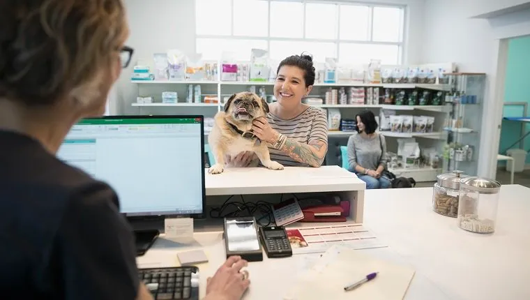 Femeie cu câine verificând în recepția clinicii veterinare