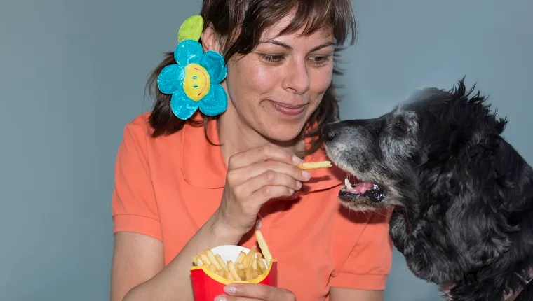 Femeie mâncând pommes frites cu câinele ei în Ticino Elveția.