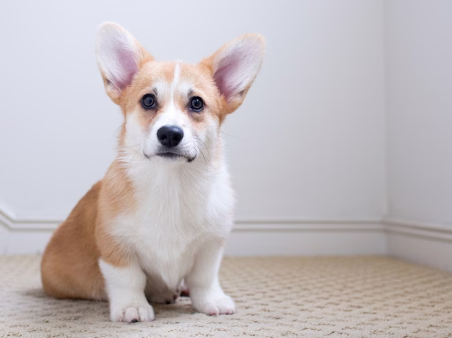 Corgi-Welpe auf dem Teppich