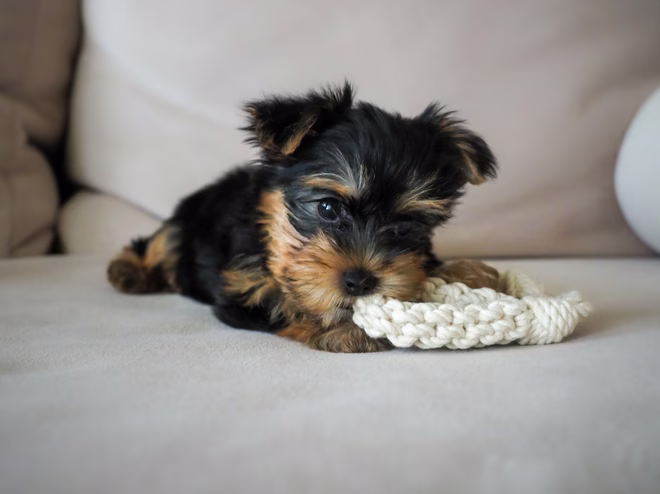 Yorkshire terrier Yorkie kiskutya játékon rágódik