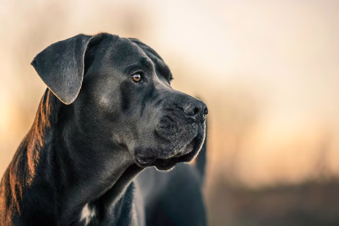 Nahaufnahme eines wunderschönen Cane Corso, aufgenommen bei Sonnenuntergang während eines regelmäßigen Spaziergangs. Diese Rasse ist auch als kleiner Mastiff oder italienischer Mastiff bekannt.