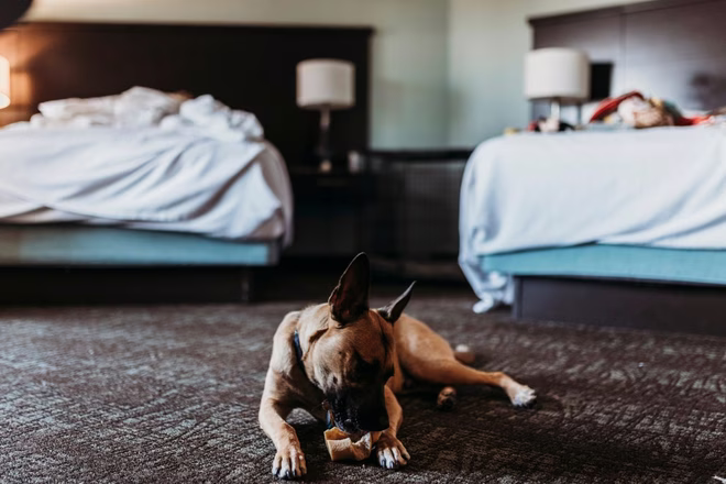 Foto eines glücklichen Hundes, der in einem haustierfreundlichen Hotel einen Knochen kaut