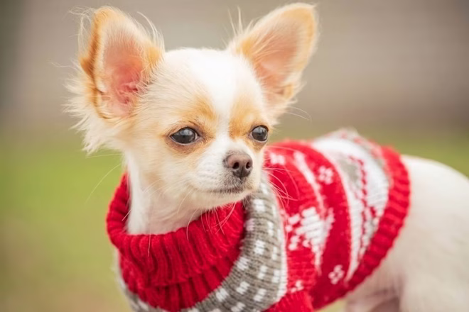 Chihuahua-Welpe in einem roten Pullover.