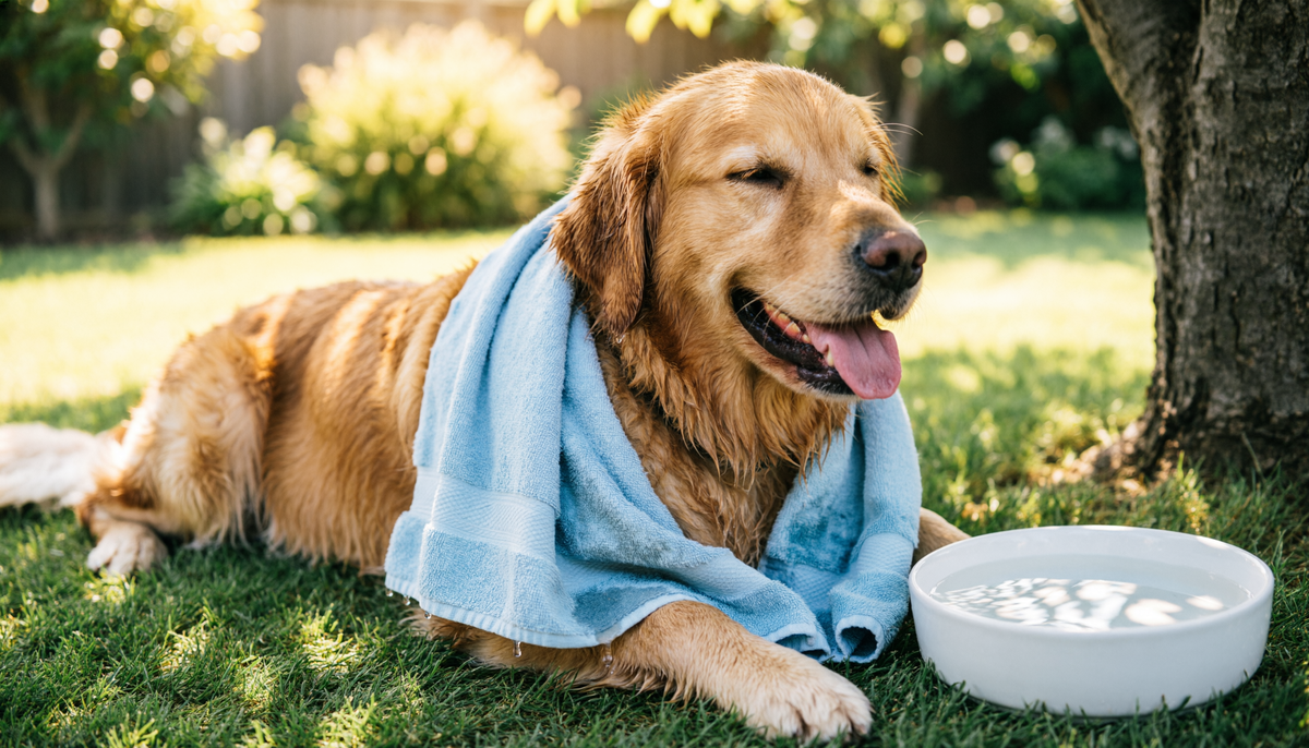Cão a refrescar com toalhas húmidas no pescoço e patas, a descansar à sombra com uma taça de água